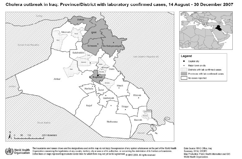 Figure 2: Iraq: Province/district with laboratory-confirmed cases of cholera, August 14, 2007–December 30, 2007[81].